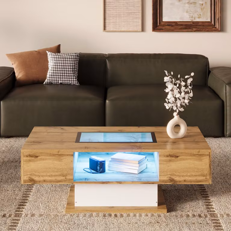 Wishdor Salontafel met instelbare LED-verlichting, glazen blad en twee lades – wildeiken-look met witte accenten