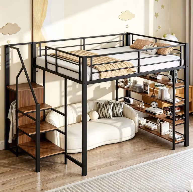 REDOM Hoogslaper met opbergruimte en veiligheidstrap, Zwart, H x B x D: 255 x 145 x 170,5 cm