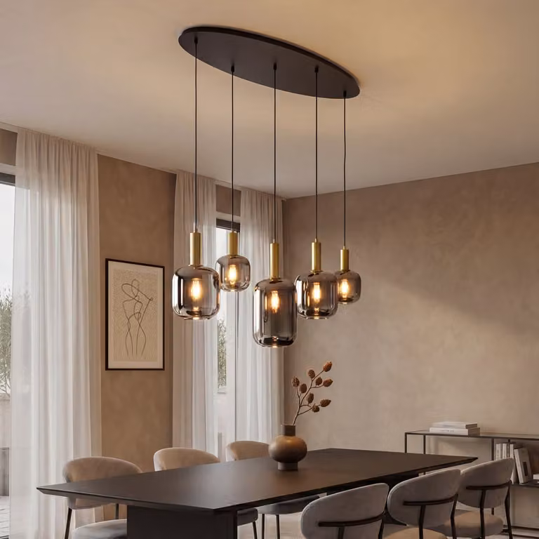 Qazqa Hanglamp Ovaal - Zwart en Goud/Messing - 5-lichts - Transparant Glas