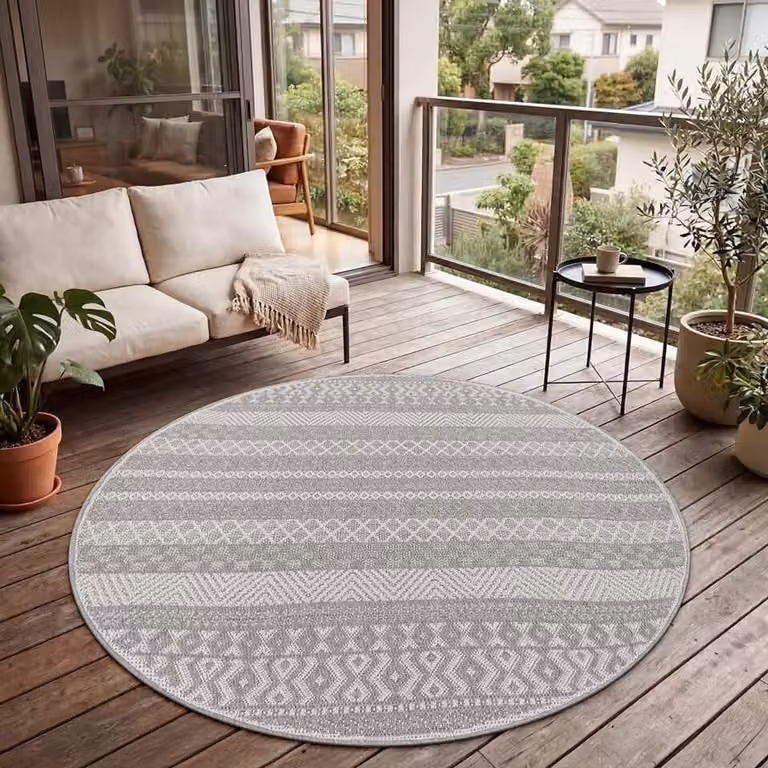 Rond Vloerkleed Modern Boho Ethno Patroon voor Balkon, Terras of Keuken - Grijs - Diameter: 160 cm