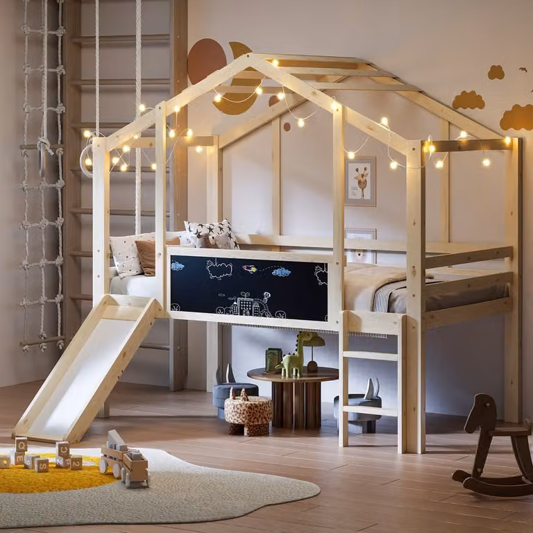 COVREO Hoogslaper met glijbaan, ladder en krijtbord voor kinderen - Houtkleur - B/D/H: 90 x 200 x 174,5 cm