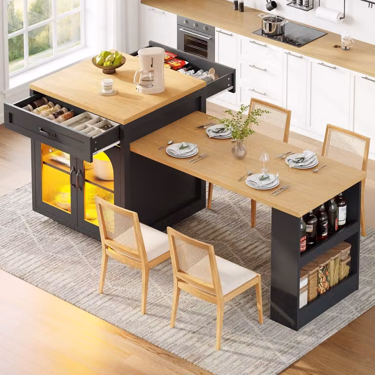 Wishdor Keukeneiland met uitschuifbare werk- en eettafel, LED-verlichting met appbediening, 2 lades en verstelbare legplank, geribbelde glazen deuren, Zwart, B/D/H: 126-196 x 59 x 94 cm