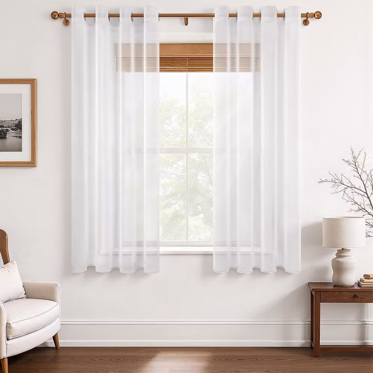 Set van 2 witte transparante gordijnen met ogen in linnen-look, kort, 140 x 140 cm