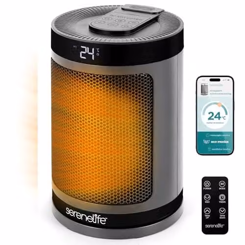 SereneLife Draagbare Keramische Ruimteverwarmer 1500W met WiFi en Thermostaat - Grijs