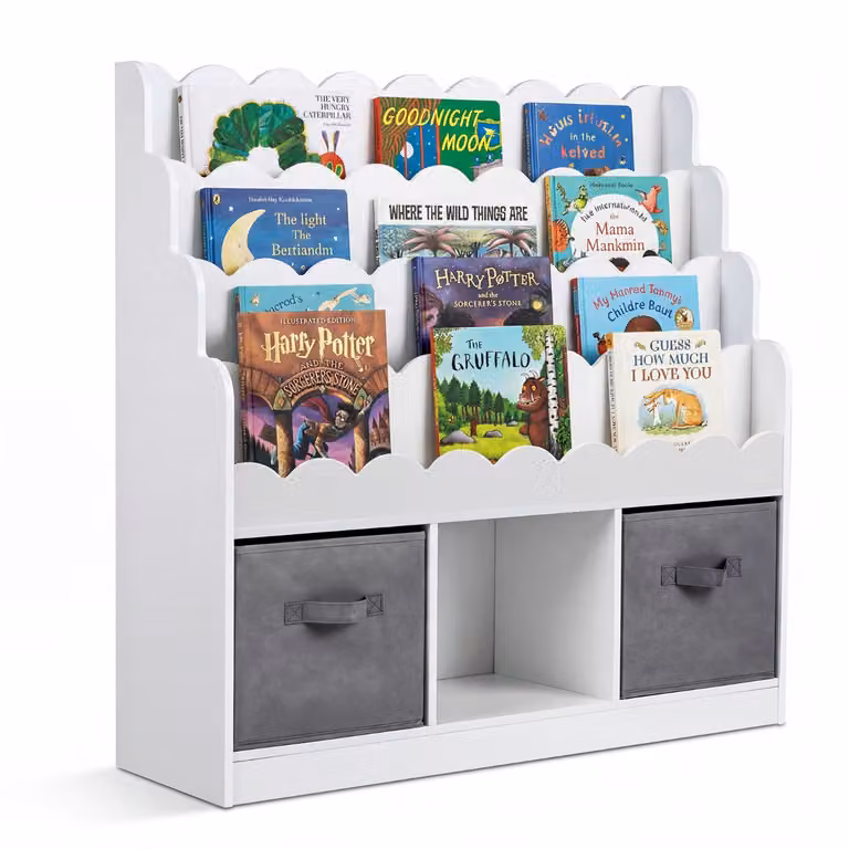 Costway Montessori Kinderboekenkast met 4 Planken, 3 Open Vakken en 2 Opklapbare Stoffen Lades, B/D/H: 90 x 30 x 91,5 cm