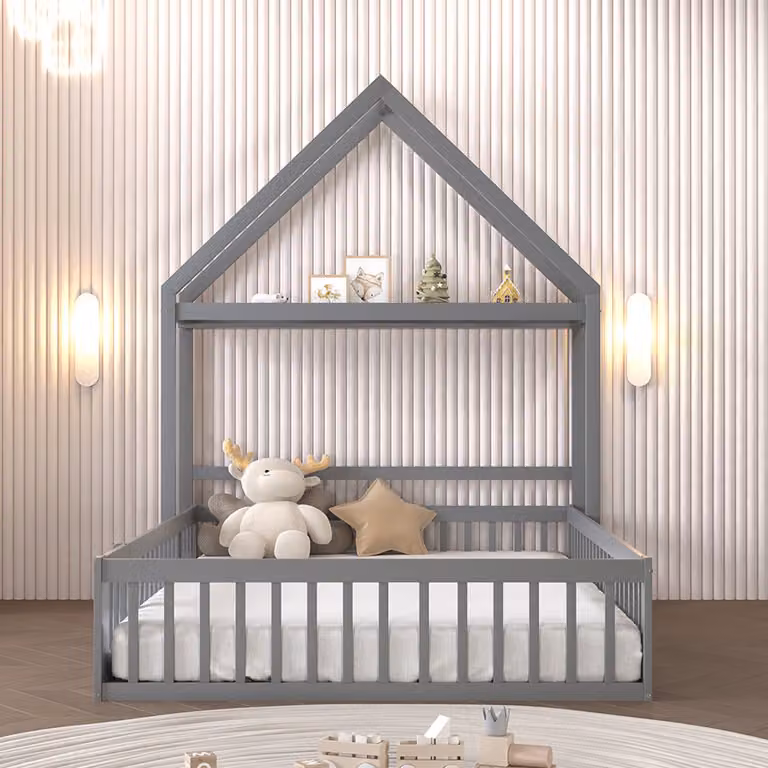 Pugsdrly Kinderbed van massief hout met opbergruimte en beschermhekken, Grijs, B/D: 140 x 200 cm