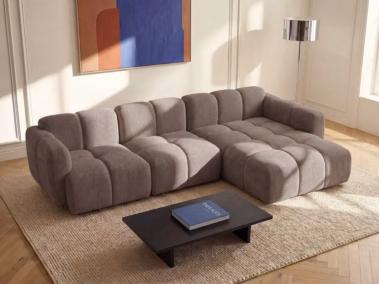 Modulaire hoekbank CARLIVI rechts in getextureerde beige/grijze stof