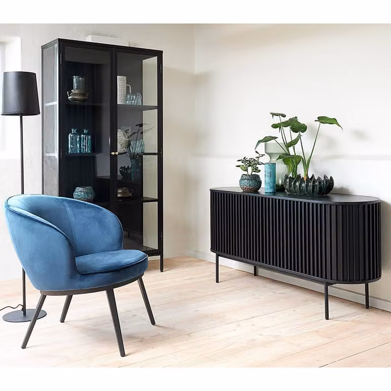 home24 Vitrinekast met glazen deuren, zwart, B: 90 cm, H: 190 cm, D: 40 cm