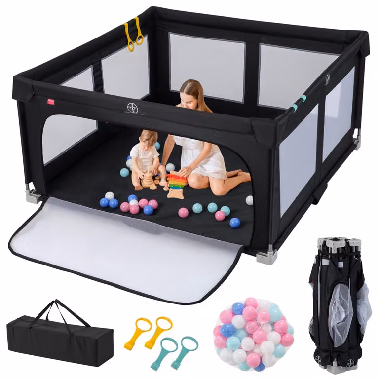 Costway Opvouwbaar Looprek Baby met 50 Ballen, 4 Handgrepen en Ritsdeur, Zwart, 150 x 150 cm