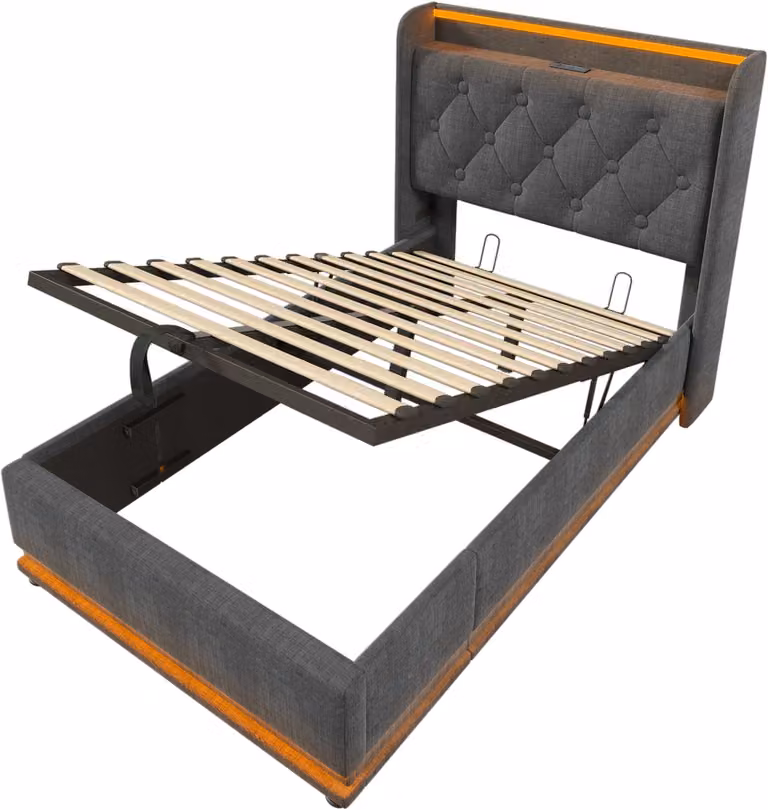 Eenpersoonsbed 90x200 cm met hydraulisch opbergbed, 360° LED-verlichting en USB/USB-C aansluitingen in grijs linnen