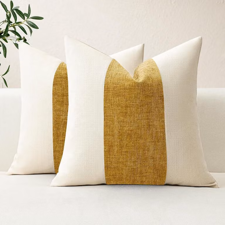 Set van 2 geometrische kussenhoezen van katoen, linnen en velvet voor de woonkamer of slaapkamer, Goudkleurig, 45 x 45 cm