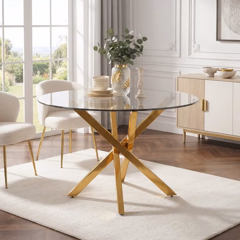 DESMIU Ronde Eettafel met Glazen Blad en Gouden Metalen Poten - B/D/H: 80 x 80 x 75 cm - Goud