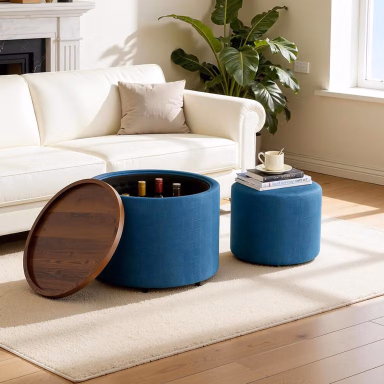 Set van 2 multifunctionele opbergkrukken en voetenbanken in blauw linnen voor de woonkamer of slaapkamer