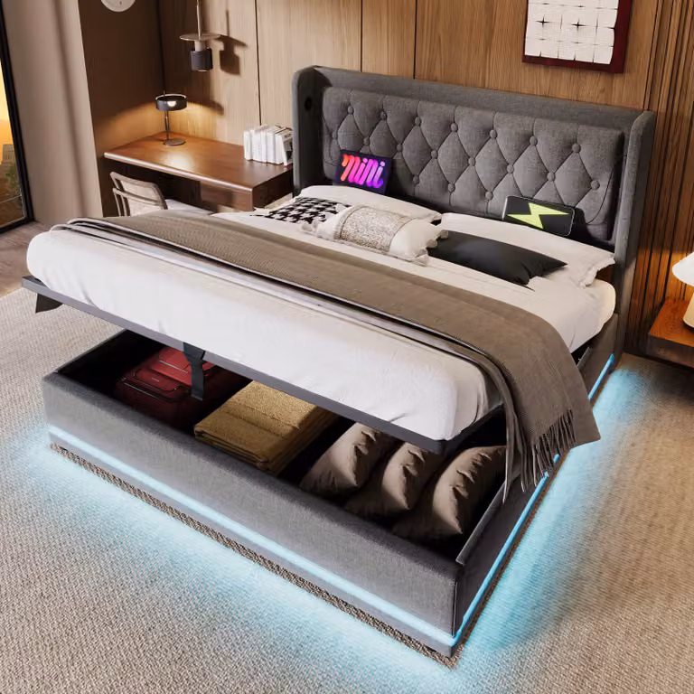 OKWISH Gestoffeerd bed met hoofdeinde, USB-oplaadpoort, LED-verlichting en hydraulische opberglade, Grijs, B/D: 180 x 200 cm