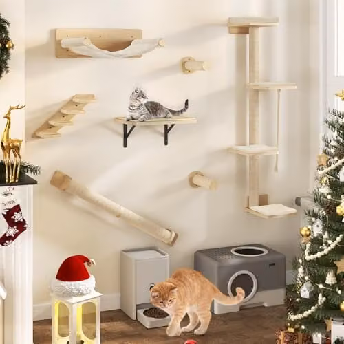 YITAHOME 7-delige houten kattenwand met krabbomen, treden, hangmat en kattenbed voor wandmontage