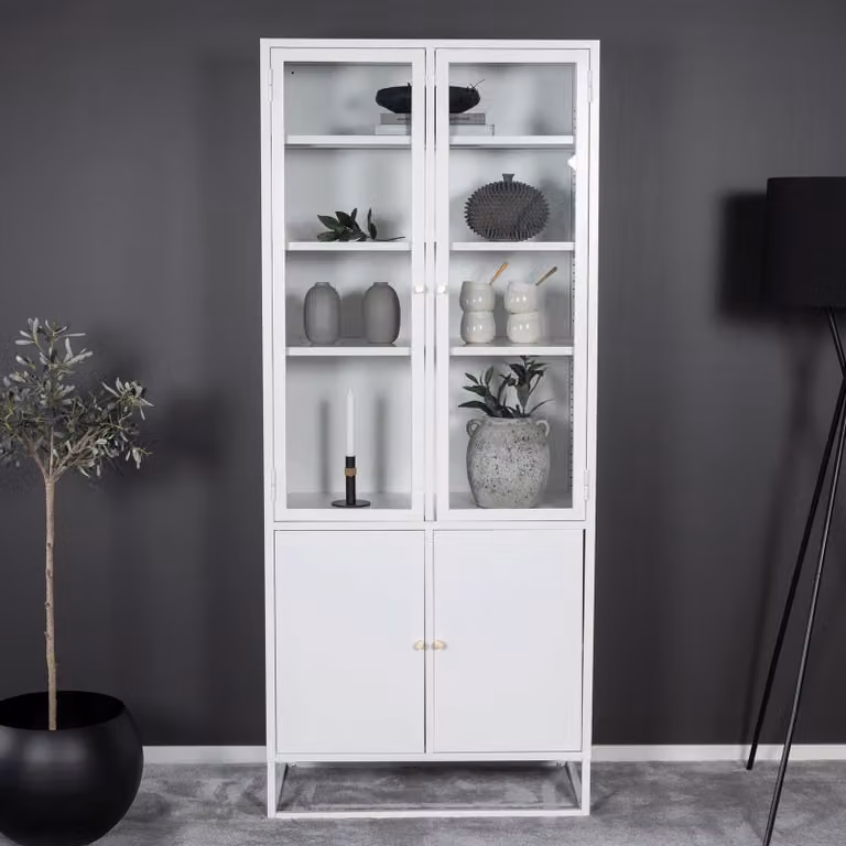 Nohr Vitrinekast Shaune Wit met Glazen Deuren en Metalen Details, Hoogte: 190 cm, Breedte: 80 cm