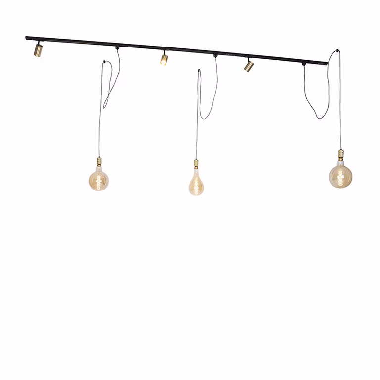Qazqa Modern railsysteem set met 3 verstelbare spots en 3 hanglampen in goud/messing en zwart