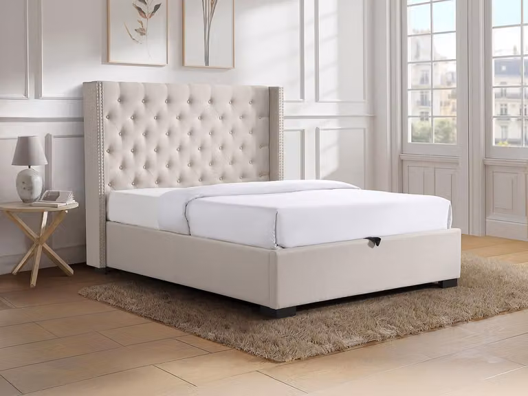 Massimo Bed met opbergruimte en gecapitonneerd hoofdbord in beige stof - 160 x 200 cm