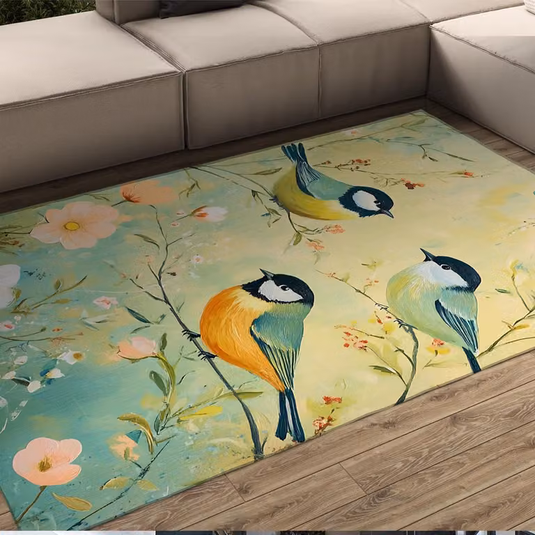 Vloerkleed Vogel Bloemen - Botanisch Tapijt voor Woonkamer of Slaapkamer - Pastel - 100 x 120 cm