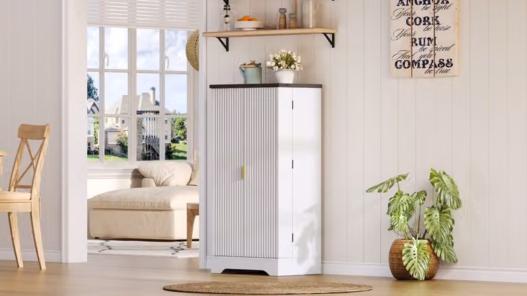 Keukenkast met LED sensorverlichting en specerijenrek, wit met gouden handgrepen, Hoogte: 120 cm