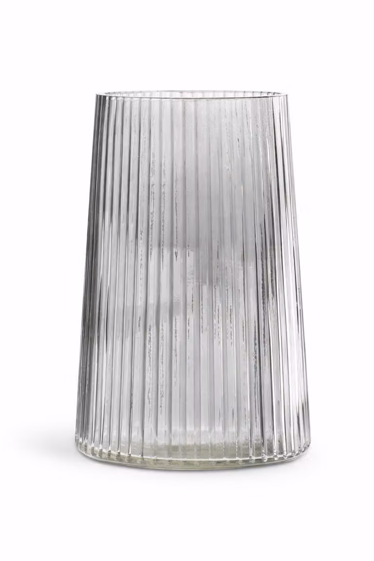 Moderne Ribbelglas Vaas Grijs Ø13 x H20 cm – Elegante Glazen Vaas voor Droogbloemen en Verse Bloemen