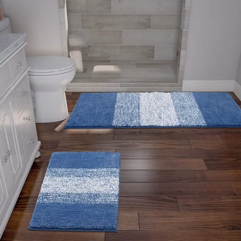 QPFO Badmat Set van 2 – Antislip Microvezel Badtapijt – Absorberende en Wasbare Badmatten voor Badkamer – Blauw