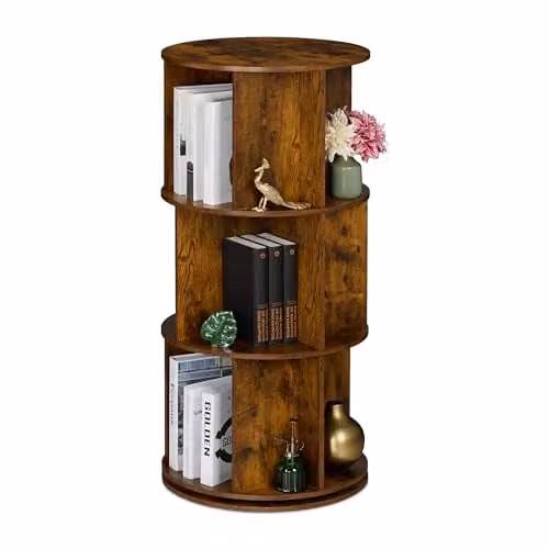 Relaxdays Roterende Boekenkast Industrieel met Mediavakken, Bruin, H 104 x Ø 50 cm