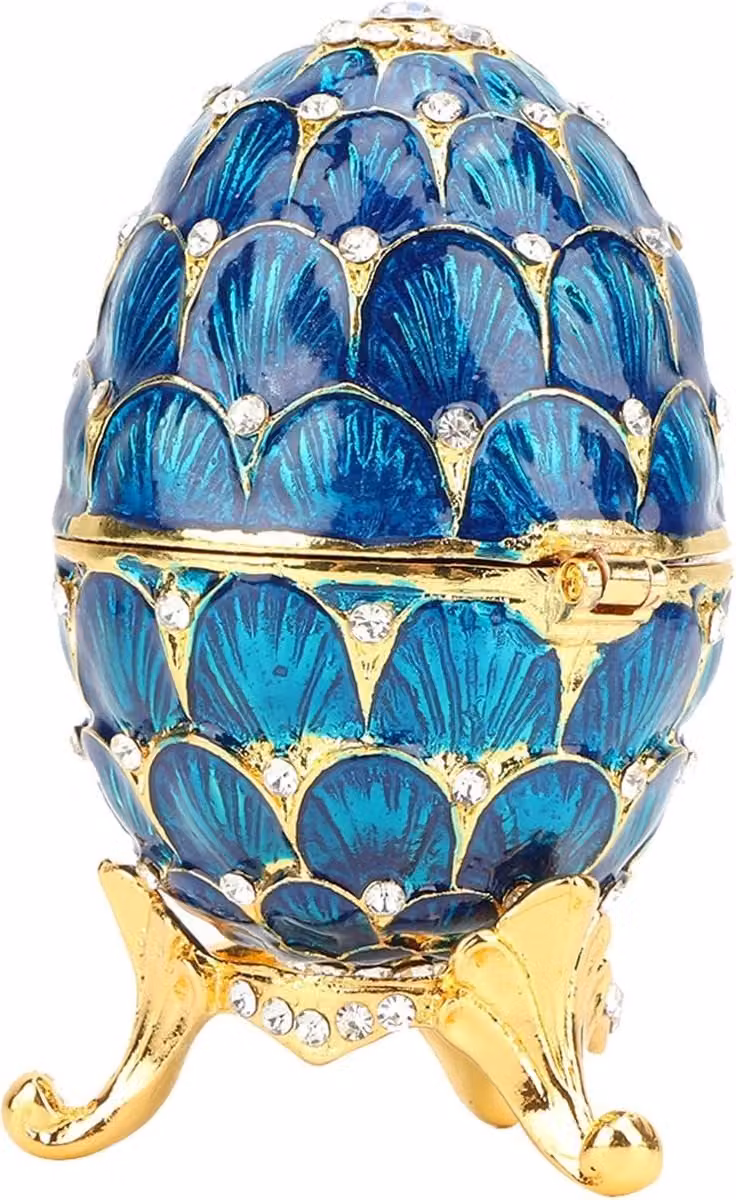 Uniek Handgeschilderd Emaillen Paasei Stijl Decoratieve Geschenkdoos met Scharnier voor Sieraden en Interieurdecoratie Blauw