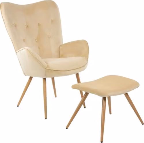 Albatros York Oorfauteel met Kruk Beige - Vintage Fluwelen Lounge Stoel voor de Woonkamer