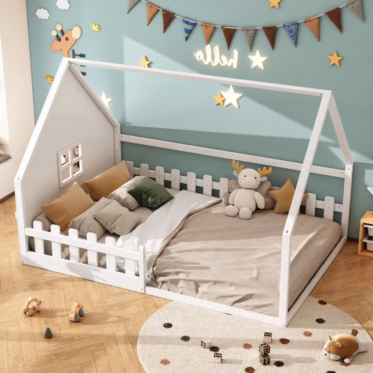 MIVRAY Kinderbed Huisvorm met Bedhek en Lattenbodem - Wit - B/D/H: 140 x 200 cm