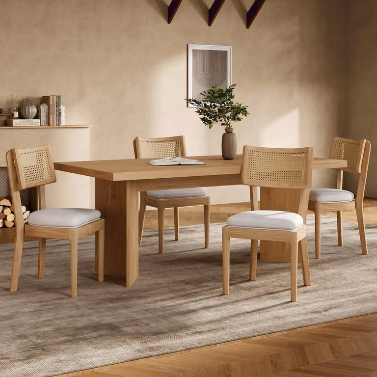 MODFU Eetkamerstoel set van 4, massief hout met rattan rugleuning en linnen kussen, modern en natuurlijk