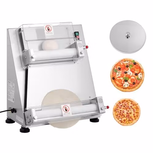 VEVOR Elektrische pizzadeegpers, 355,6 mm, 390 W, zilver, roestvrij staal en kunststof, commerciële deegpers met instelbare dikte en deksel
