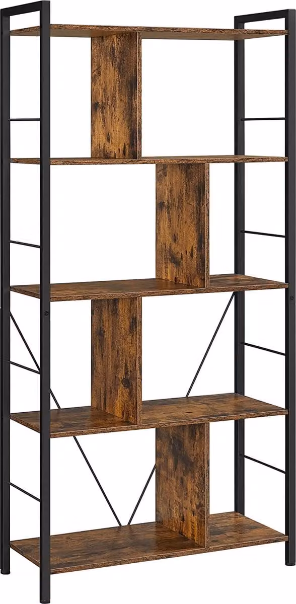 Industriële Boekenkast met 5 Niveaus en Achterpaneel, Vintage Bruin-Zwart, Hoogte: 150 cm