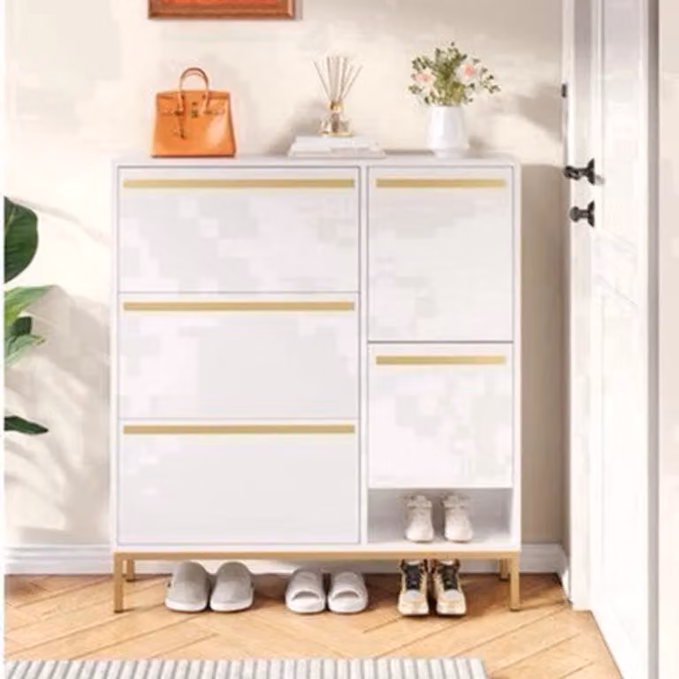 Witte schoenenbank van MDF met gouden accenten voor 15 tot 22 paar schoenen, B/D/H: 105 x 25 x 115,5 cm