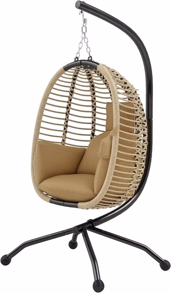 Beige eivormige hangstoel met standaard voor volwassenen, inklapbaar loungeontwerp voor tuin, balkon of terras, B/D/H: 110 x 100 x 188 cm