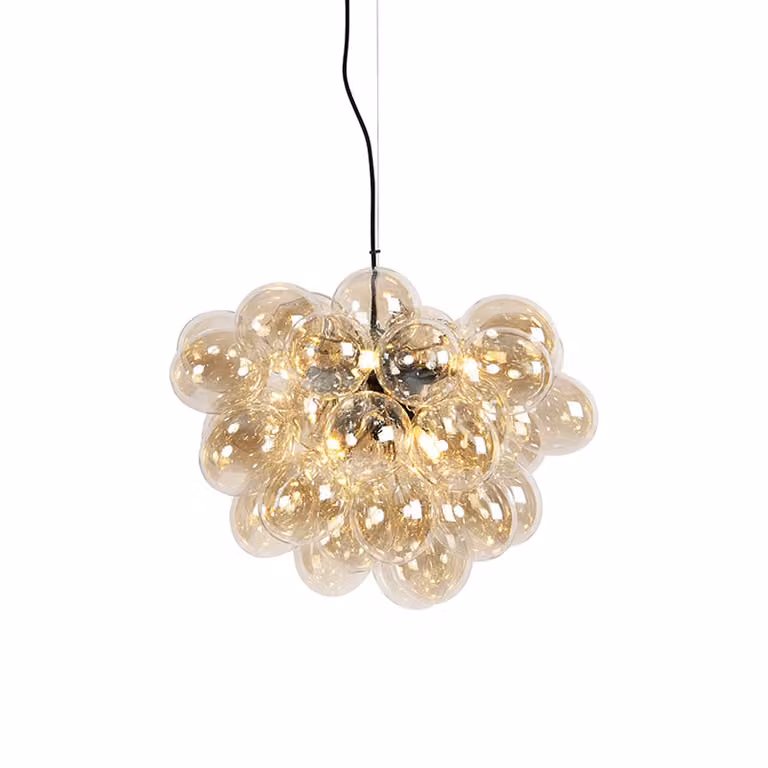 Qazqa Art Deco hanglamp zwart met amber glas, 8-lichts, hoogte verstelbaar