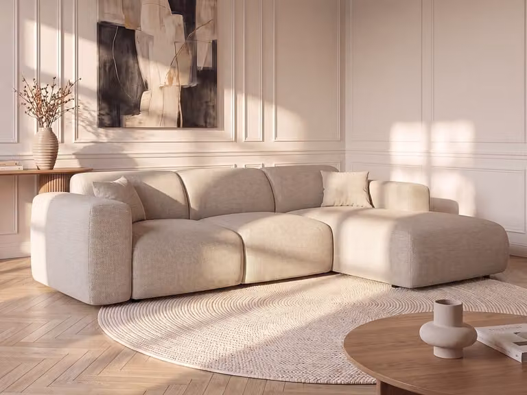 Maison Céphy POGNI Grote hoekslaapbank rechts in beige gechineerde stof met slaapfunctie en afneembare hoezen
