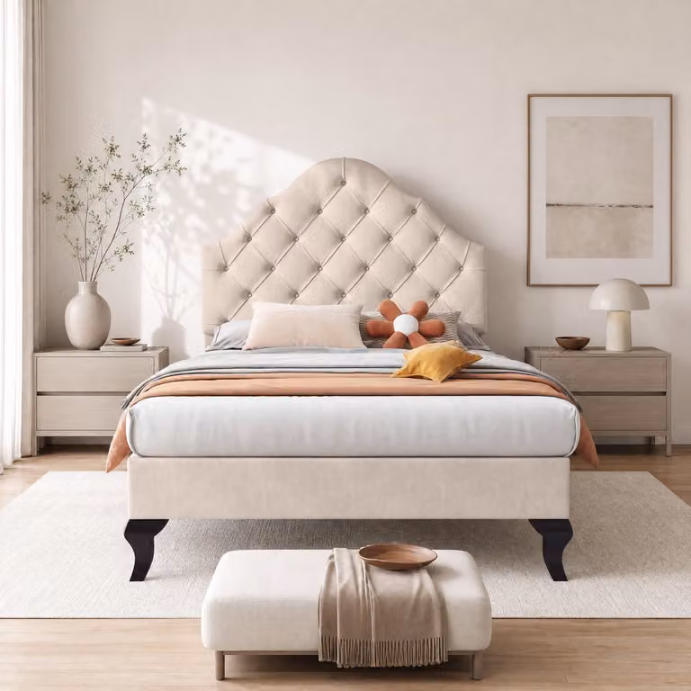 Eenpersoonsbed 90x200 cm met verstelbaar hoofdbord, lattenbodem en beige fluwelen bekleding