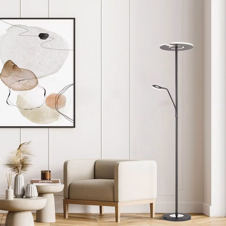 Fischer & Honsel Dent Staande lamp met 2 lichtpunten, mat zwart en chroom, Hoogte: 180 cm