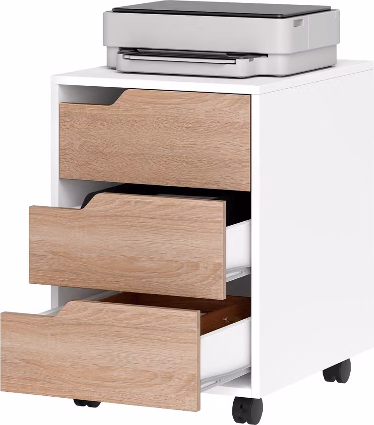 Bureaukast met 3 laden op wielen in wit en eiken, B/D/H: 40 x 50 x 57,5 cm