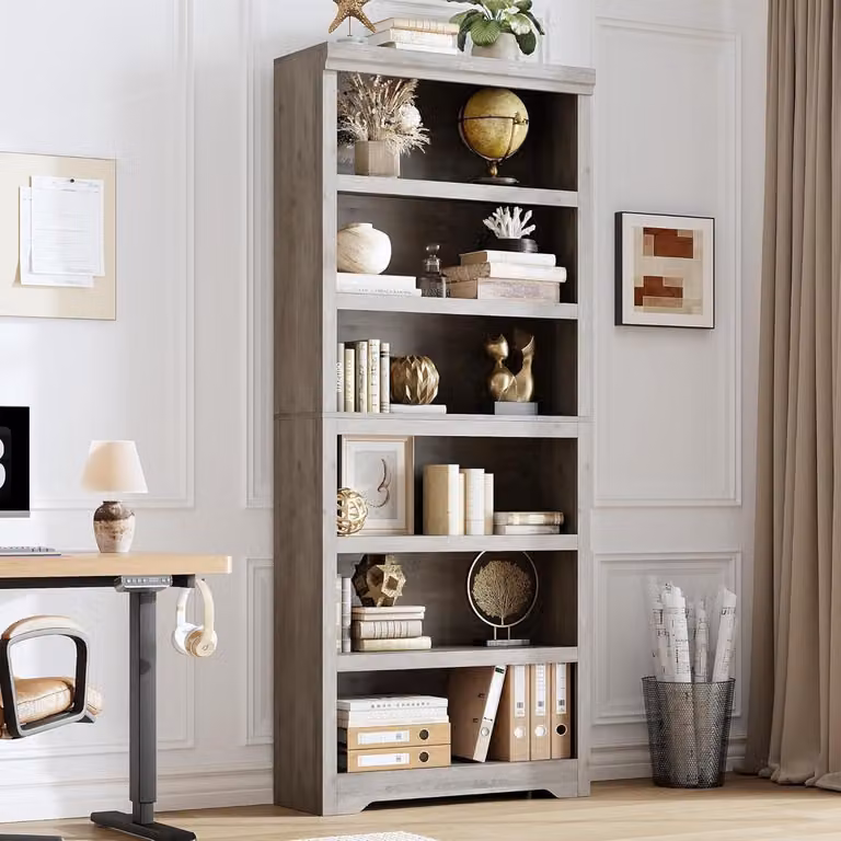 Vintage Hoge Boekenkast met 6 Lagen en Verstelbare Planken, Grijs, B/D/H: 80 x 29,5 x 190 cm