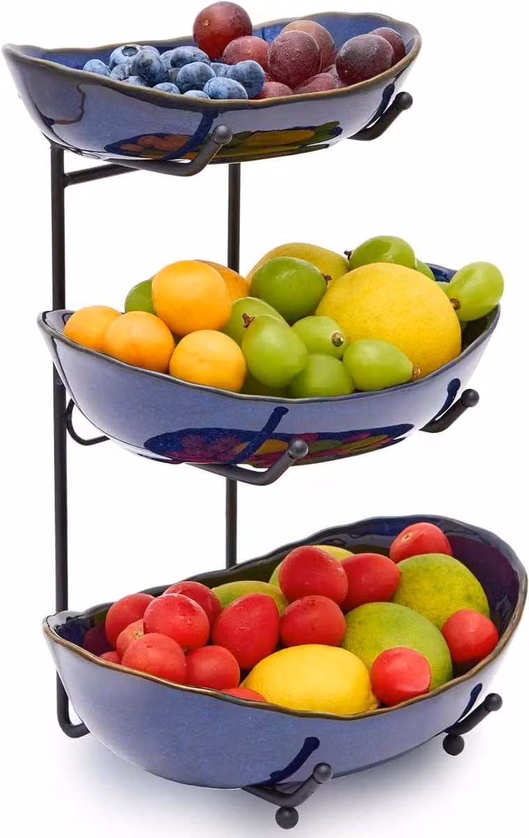 Fruitschaal met 3 lagen in donkerblauw met Kiln Altered Glaze, 40 x 30 cm