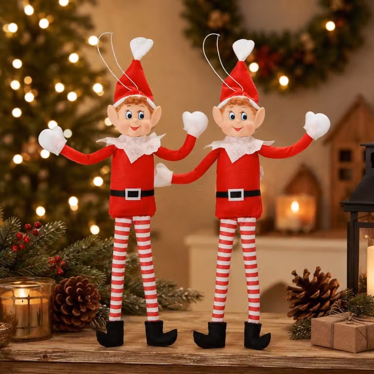 Gerimport Kerstknuffel Elf - 2 stuks - Rood - 33 cm