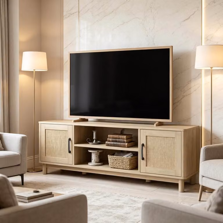 STILVORA Dressoir TV-meubel met open vakken en dubbele deuren, Rattan Hout, Eiken, B/D/H: 135 x 39 x 45 cm