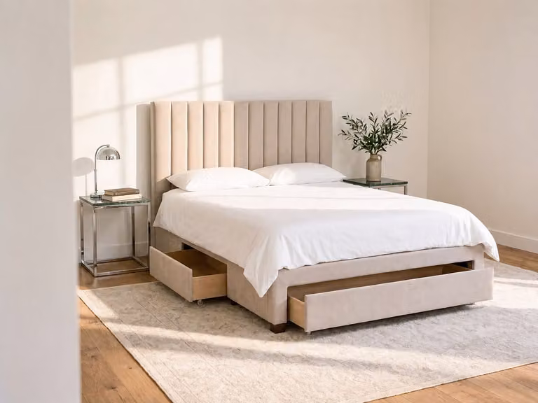 LIAKO Bed met 3 lades, Beige, Stoffen bekleding, 160 x 200 cm
