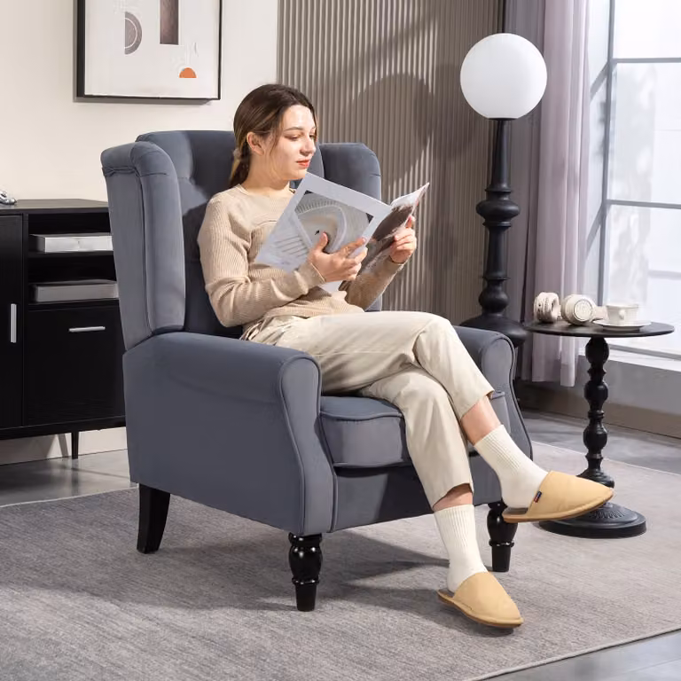 HOMCOM Oorfauteuil met hoge rugleuning en houten poten, Grijs, B/D/H: 74 x 86 x 102 cm