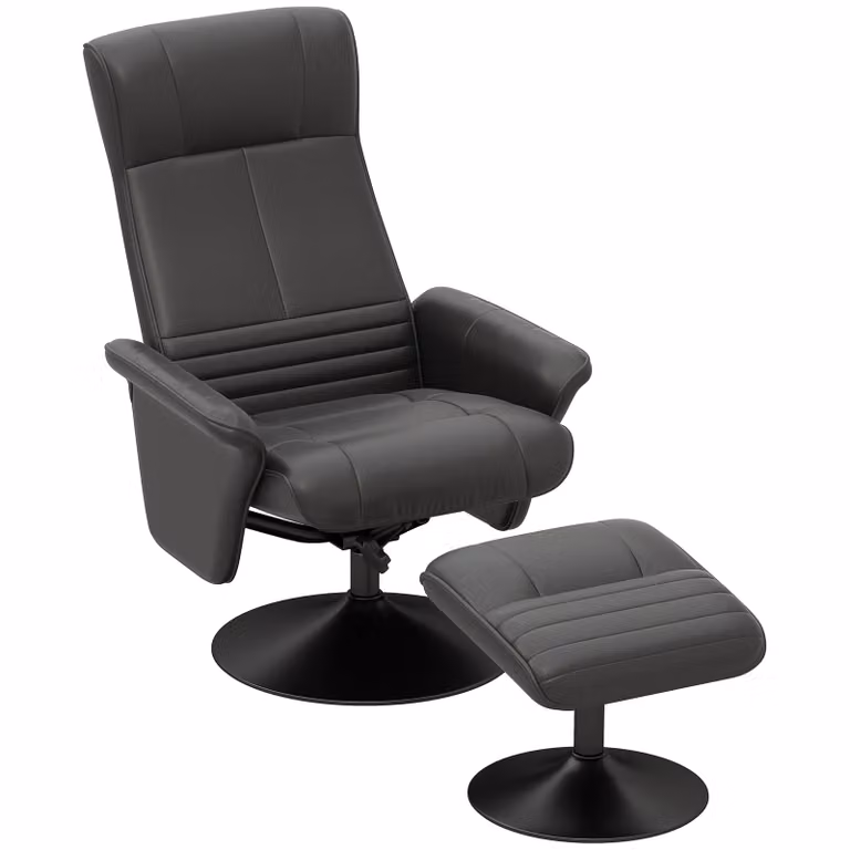 HOMCOM Relaxfauteuil met Hocker Zwart, Ergonomische TV Fauteuil met Verstelbare Rugleuning en 360° Draaibaar, Microvezel, B/D/H: 69 x 71 x 104 cm