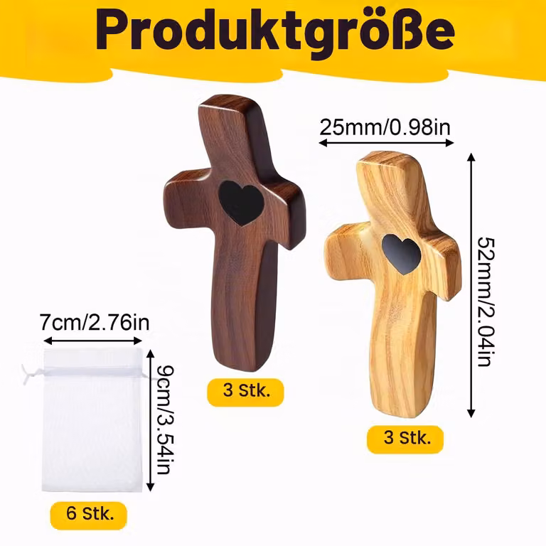 Set van 6 handgesneden houten kruisen met hartmotief voor gebed en meditatie, 5 x 2,5 cm