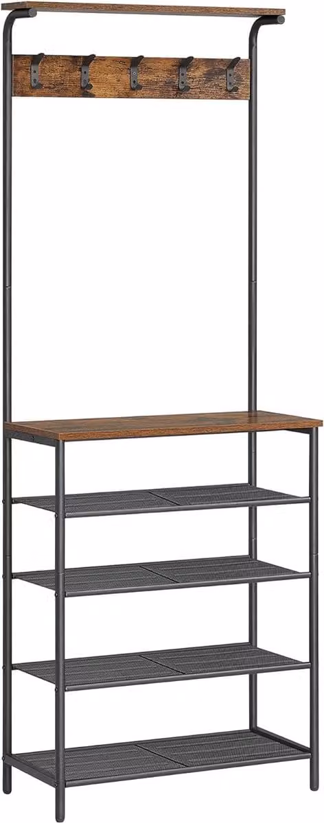 FurnStar Kledingrek met schoenenrek en 5 dubbele haken, industrieel rustiek, bruin en zwart