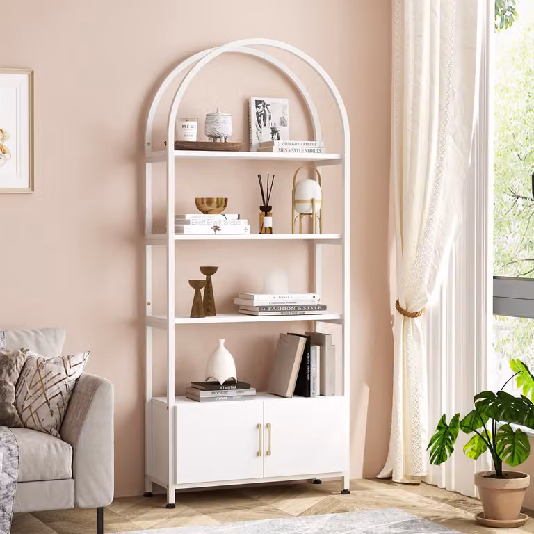 Triumpunpre Boogvormige Boekenkast met 4 Lagen en Opbergkast, Wit, B/D/H: 80 x 28 x 180 cm